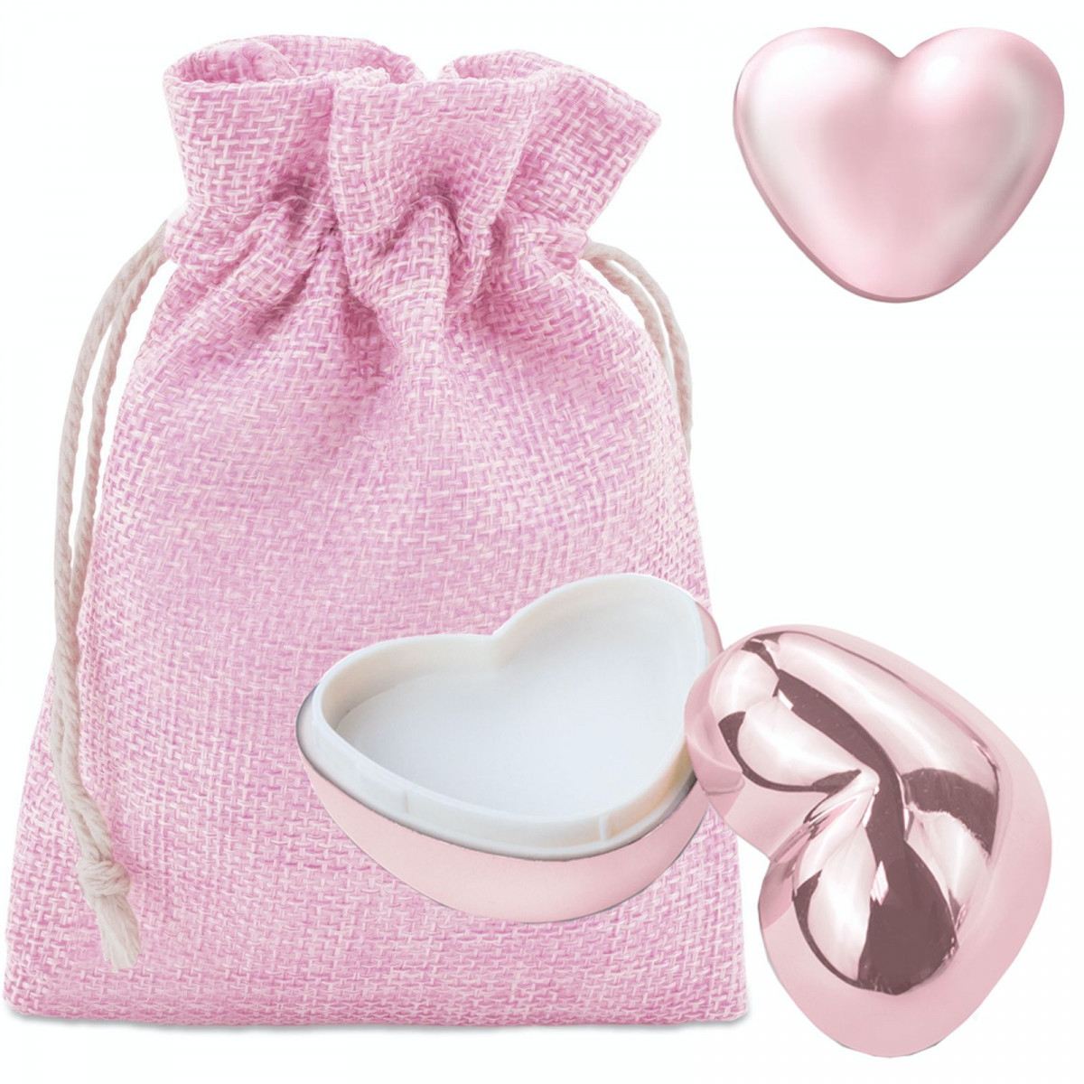 Baume à lèvres rose dans un étui en forme de cœur rose avec un sac en tissu pour offrir lors d\'événements