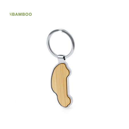 Porte-clés en bambou en forme de voiture présenté dans un sac en tissu avec un autocollant personnalisé pour les détails