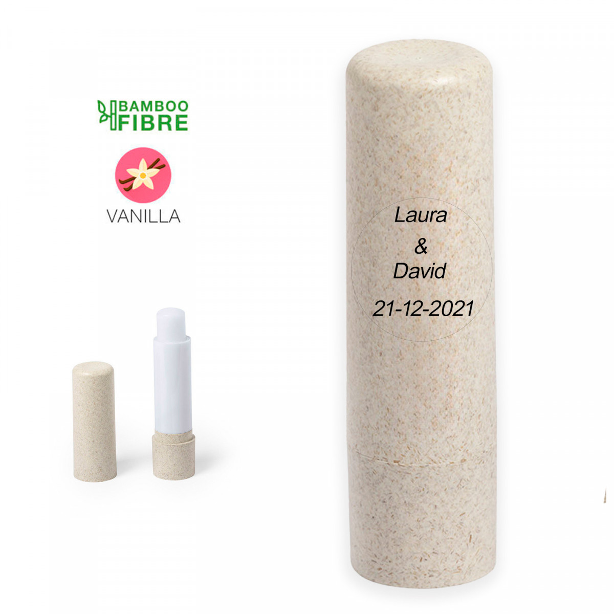 Baume à lèvres bio parfumé à la vanille personnalisé pour plus de détails