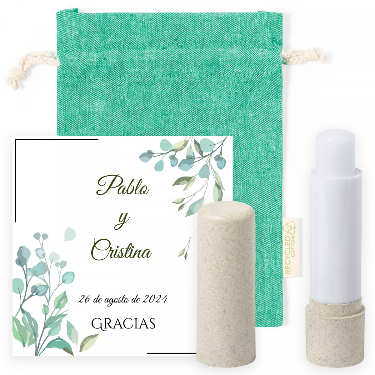 Baume à lèvres avec carte de rappel personnalisée dans un sac cadeau en coton recyclé