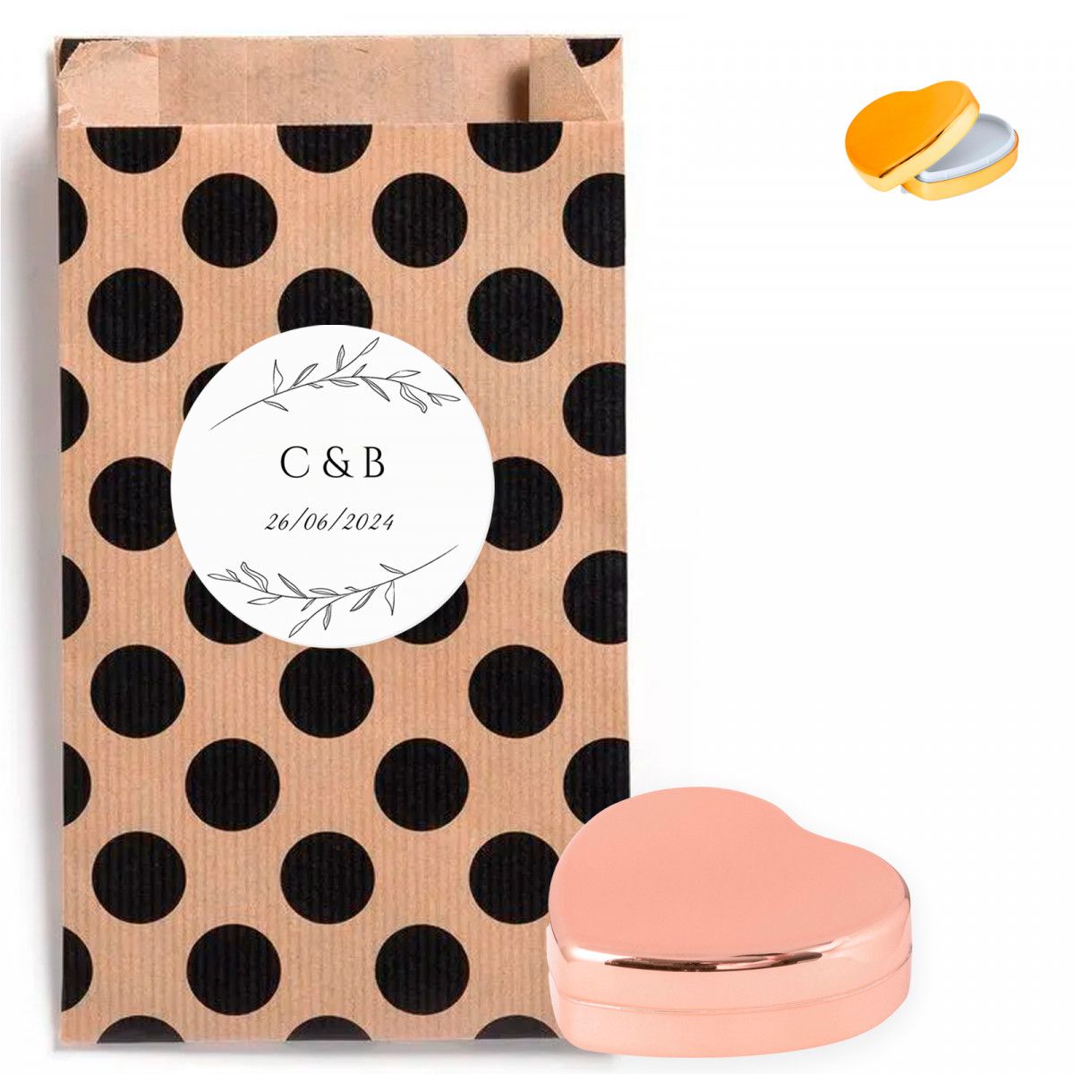 Baume coeur dans un sachet à pois avec autocollant personnalisé pour plus de détails
