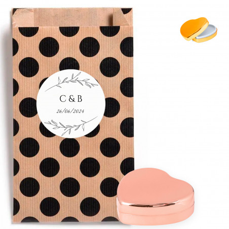 Baume coeur dans un sachet à pois avec autocollant personnalisé pour plus de détails
