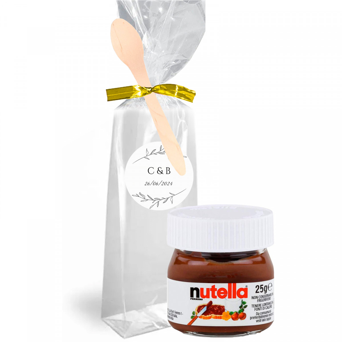 Nutella 25 g. dans un sac transparent personnalisé avec fermeture et cuillère en bois pour les détails