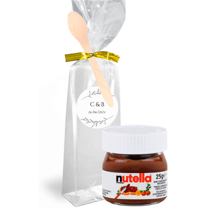 Nutella 25 g. dans un sac transparent personnalisé avec fermeture et cuillère en bois pour les détails