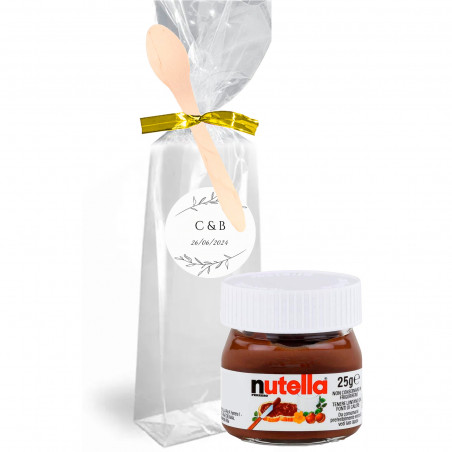Nutella 25 g. dans un sac transparent personnalisé avec fermeture et cuillère en bois pour les détails