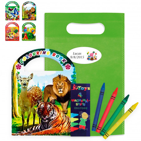 Livre de coloriage avec autocollants et boîte de crayons dans un sac cadeau personnalisé