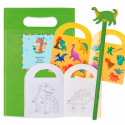 Livre de coloriage avec des autocollants et un crayon dinosaure dans un sac personnalisé pour les détails