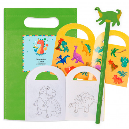 Livre de coloriage avec des autocollants et un crayon dinosaure dans un sac personnalisé pour les détails