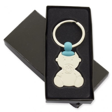 Porte-clé bébé bleu dans une boîte personnalisée pour des cadeaux