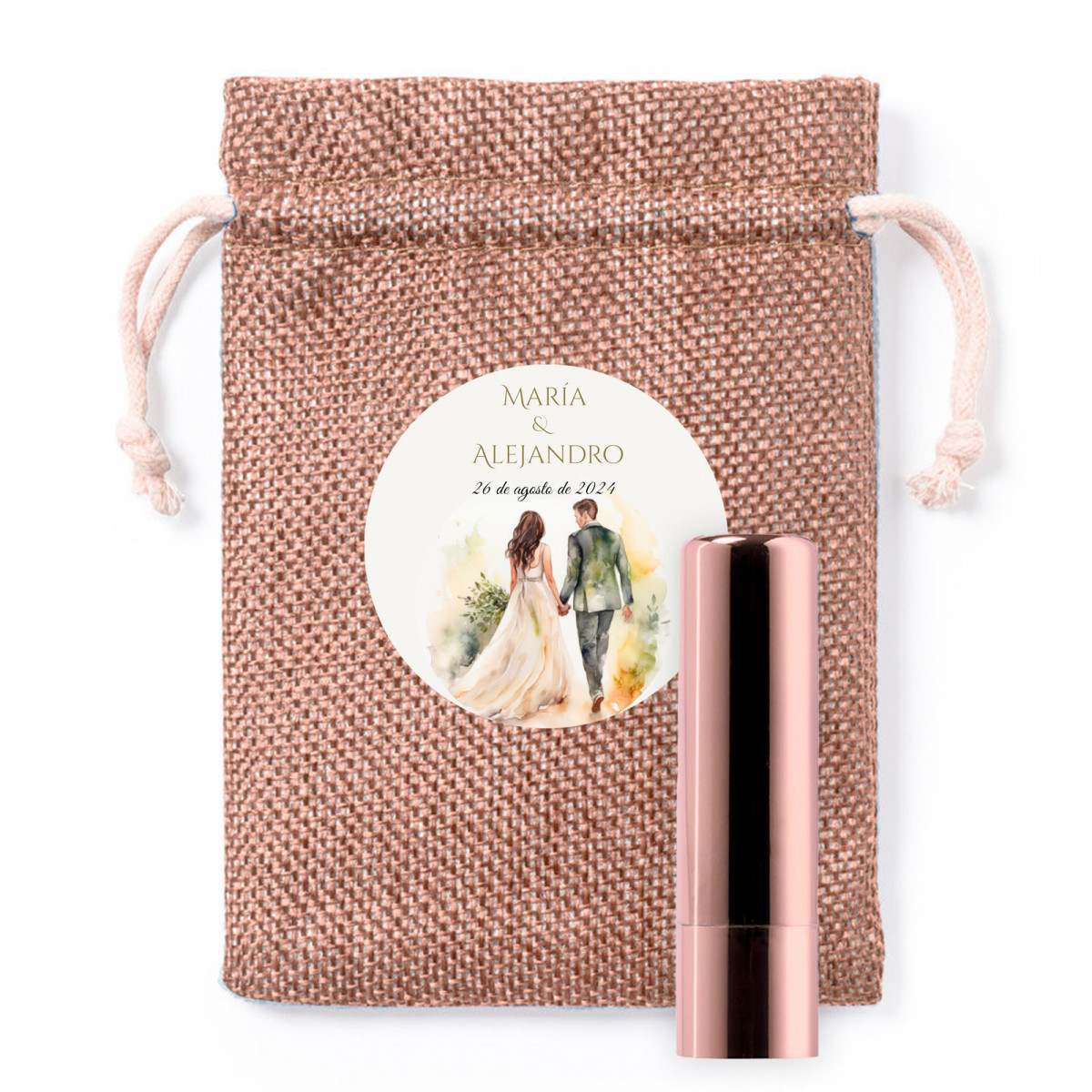 Baume à lèvres rose métallisé dans une pochette en tissu personnalisée pour offrir