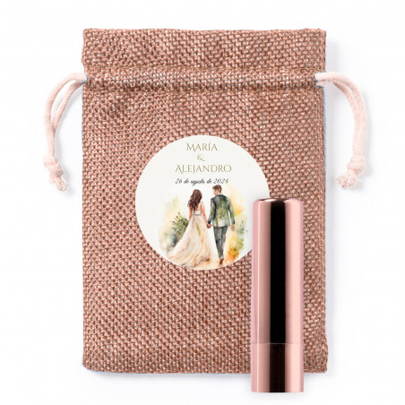 Baume à lèvres rose métallisé dans une pochette en tissu personnalisée pour offrir