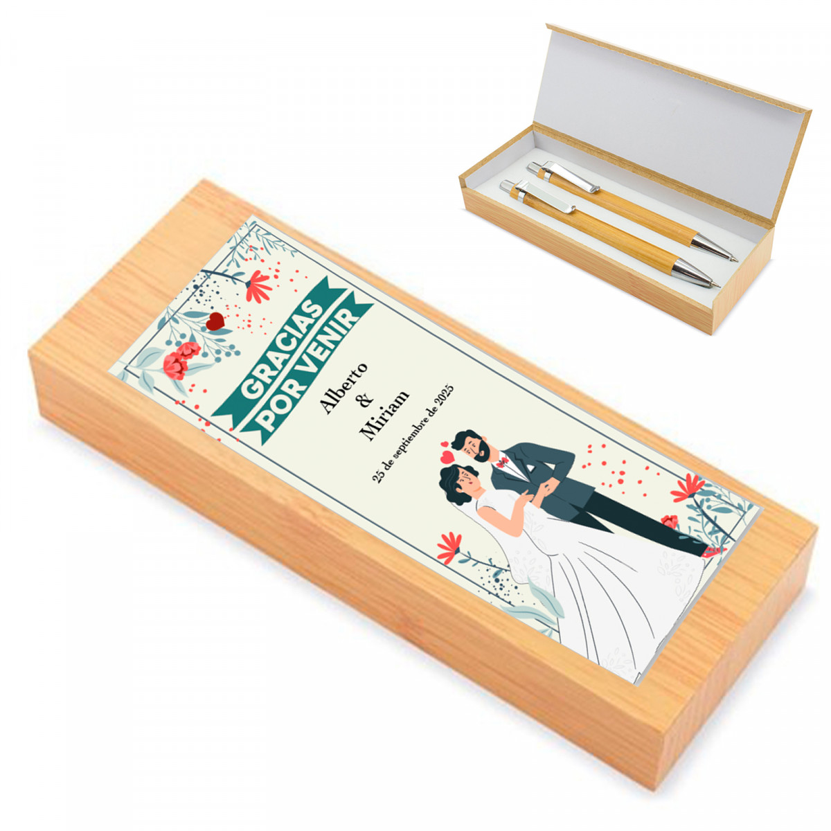 Coffret en bois avec stylo et porte-mine personnalisé pour cadeaux de mariage