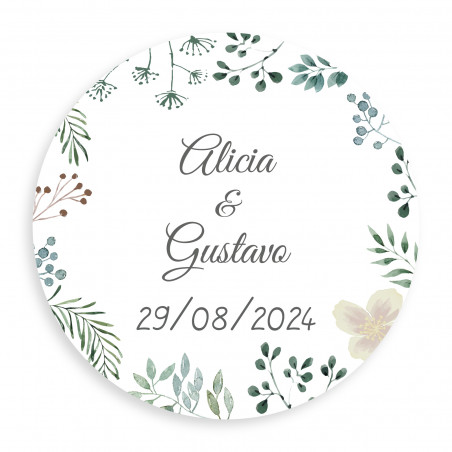Autocollant de mariage minimaliste à base de plantes rond personnalisable de 3 cm