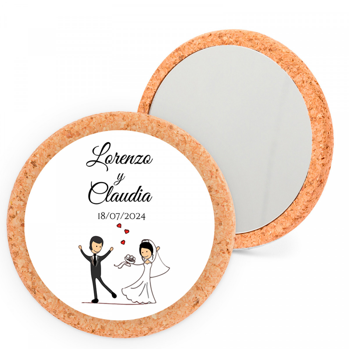Miroir en liège personnalisé avec adhésif représentant les mariés pour les cadeaux de mariage