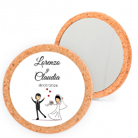 Miroir en liège personnalisé avec adhésif représentant les mariés pour les cadeaux de mariage