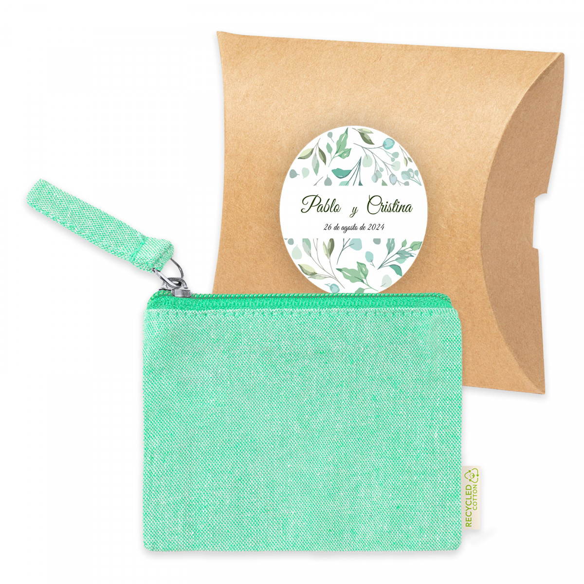 Sac à main en coton vert dans une enveloppe kraft avec adhésif personnalisé pour les détails