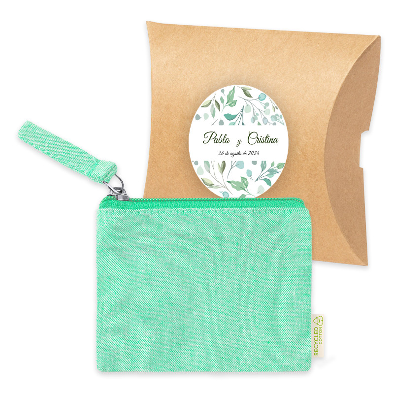 Sac à main en coton vert dans une enveloppe kraft avec adhésif personnalisé pour les détails