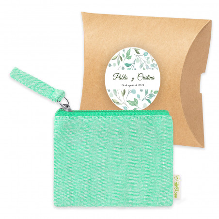 Sac à main en coton vert dans une enveloppe kraft avec adhésif personnalisé pour les détails