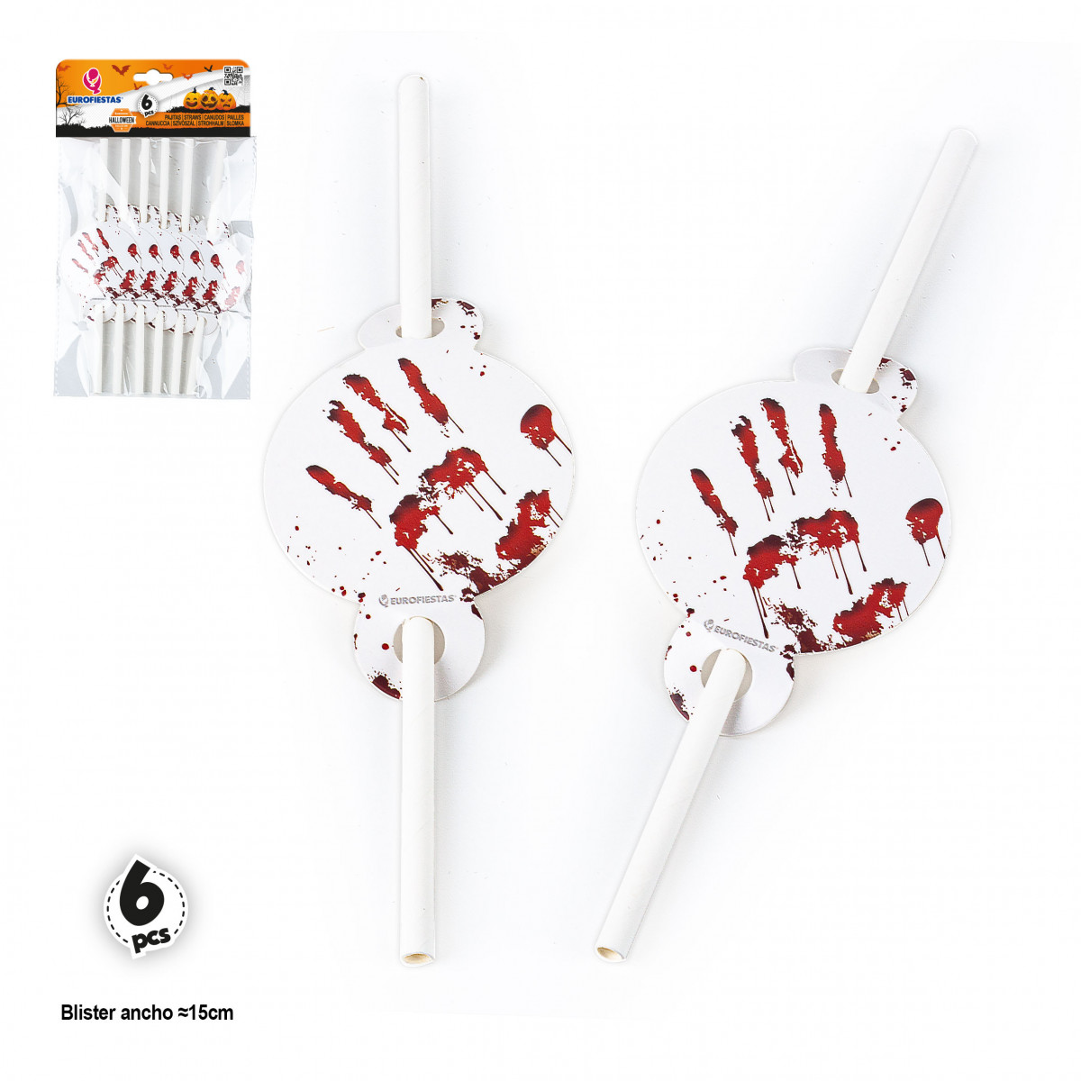 Pailles décorées avec des mains ensanglantées en pack de 6 unités