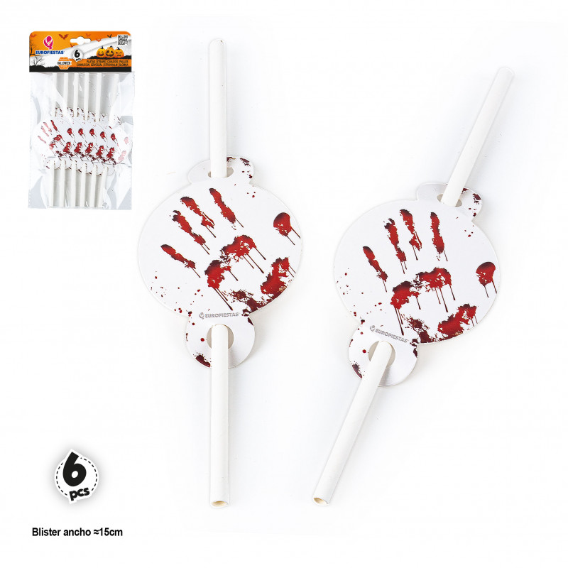 Pailles décorées avec des mains ensanglantées en pack de 6 unités