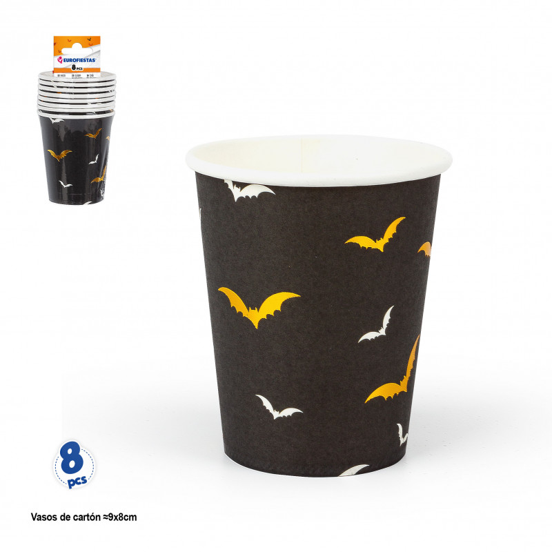 Gobelets jetables noirs avec des chauves-souris pour Halloween en pack de 8 unités
