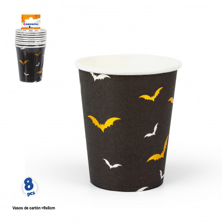 Gobelets jetables noirs avec des chauves-souris pour Halloween en pack de 8 unités