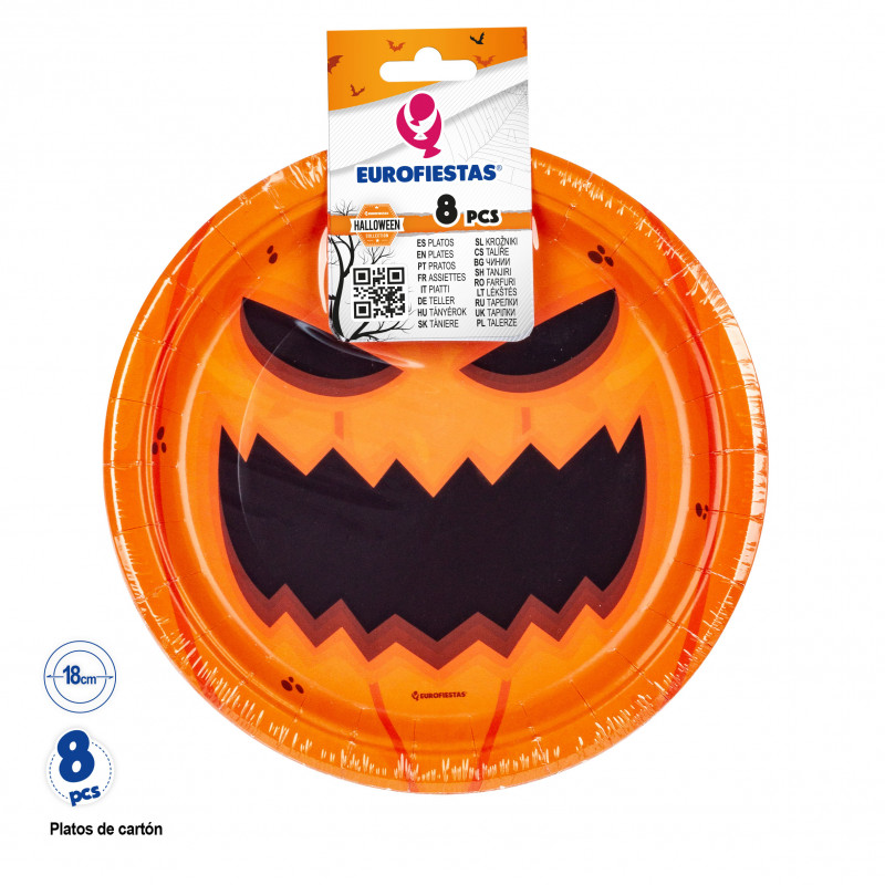 Assiette pour fêtes d'horreur avec un fond de citrouille de 18 cm en pack de 8 assiettes
