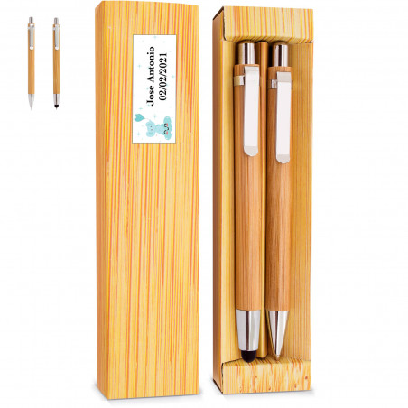 Trousse personnalisée avec un porte-mine et un stylo, avec un autocollant éléphant pour les cadeaux de baptême.