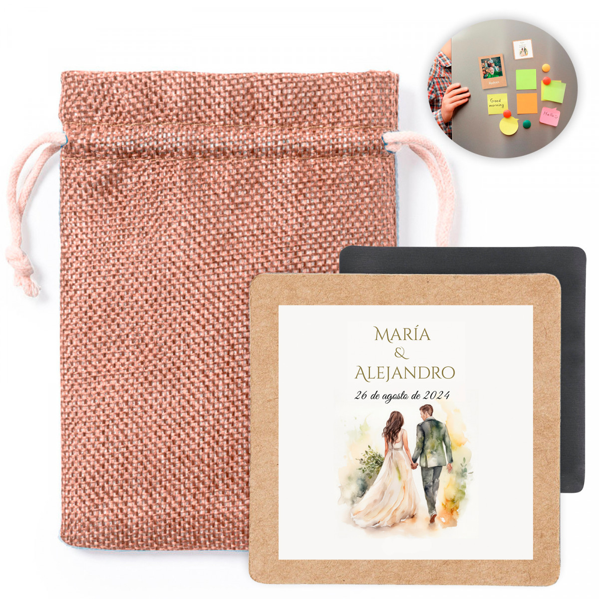 Aimant Personnalise Presente Dans Un Elegant Sac En Tissu Pour Les Details Du Mariage