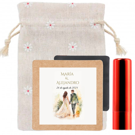 Aimant personnalisé avec baume à lèvres dans un sac en tissu pour cadeaux de mariage