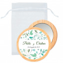 Miroir en bois avec autocollant de feuille personnalisé dans un sac en organza pour plus de détails