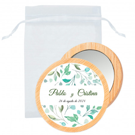 Miroir en bois avec autocollant de feuille personnalisé dans un sac en organza pour plus de détails