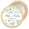 Miroir en bois avec autocollant de feuille personnalisé dans un sac en organza pour plus de détails