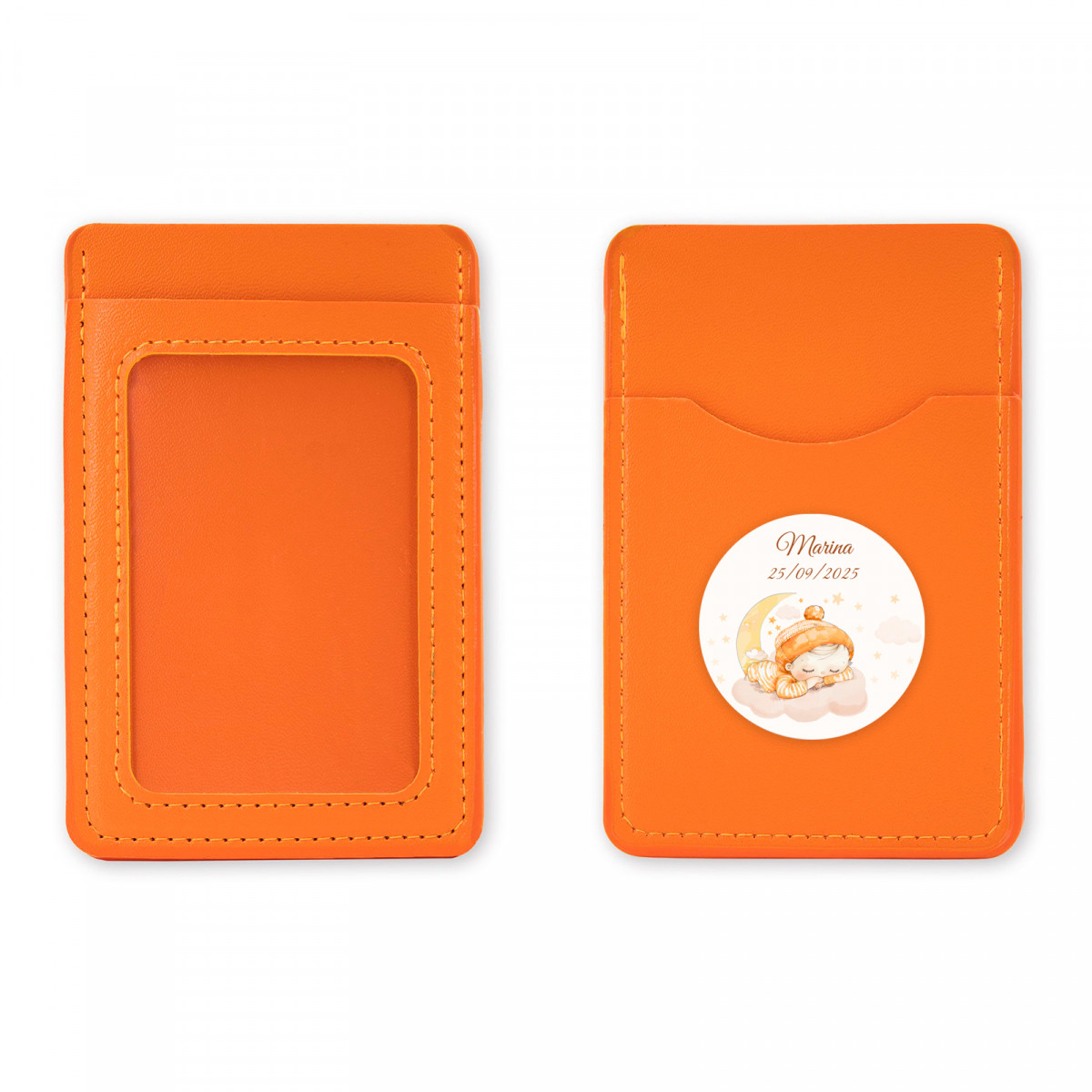 Porte-cartes orange avec autocollant de baptême personnalisé pour plus de détails