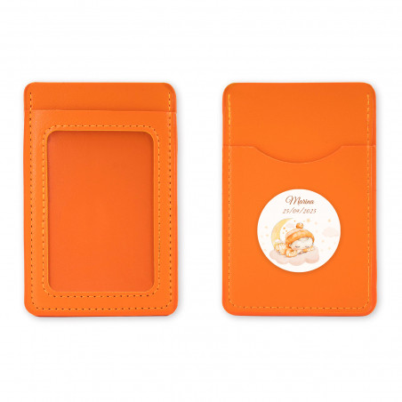 Porte-cartes orange avec autocollant de baptême personnalisé pour plus de détails