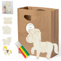 Figurines en bois à colorier avec des marqueurs dans un sac avec adhésif personnalisé pour les détails