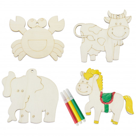 Figurines en bois à colorier avec des marqueurs dans un sac avec adhésif personnalisé pour les détails