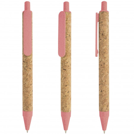 Stylo en paille de blé rose dans un étui avec un autocollant de baptême pour plus de détails