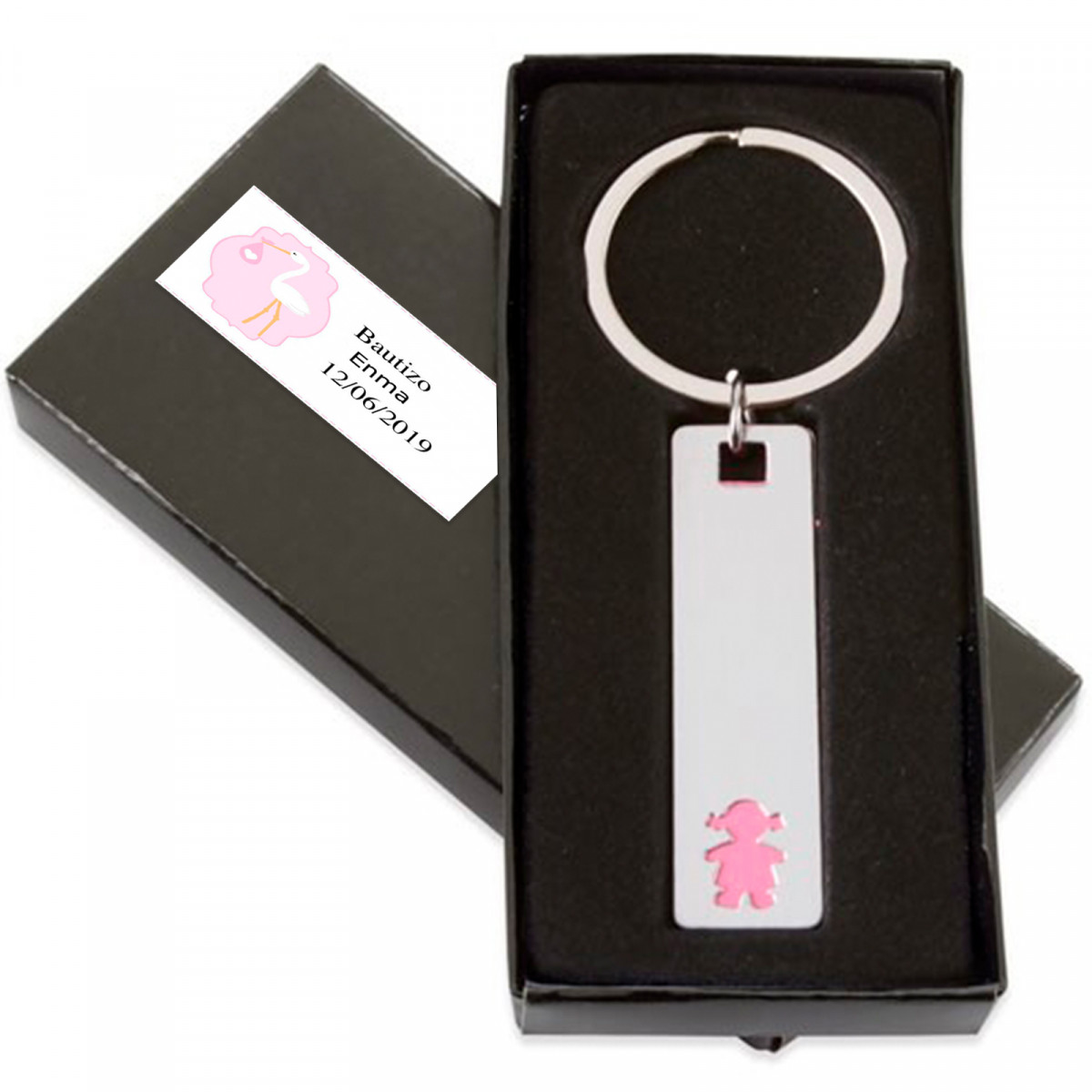 Porte-clés en métal pour fille avec boîtier noir et autocollant personnalisé pour cadeaux de baptême