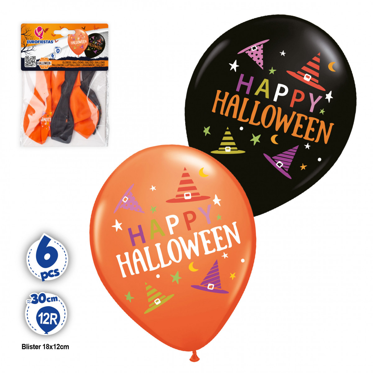 Ballons en latex pour Halloween orange et noir en pack de 6 unités
