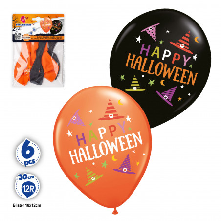 Ballons en latex pour Halloween orange et noir en pack de 6 unités
