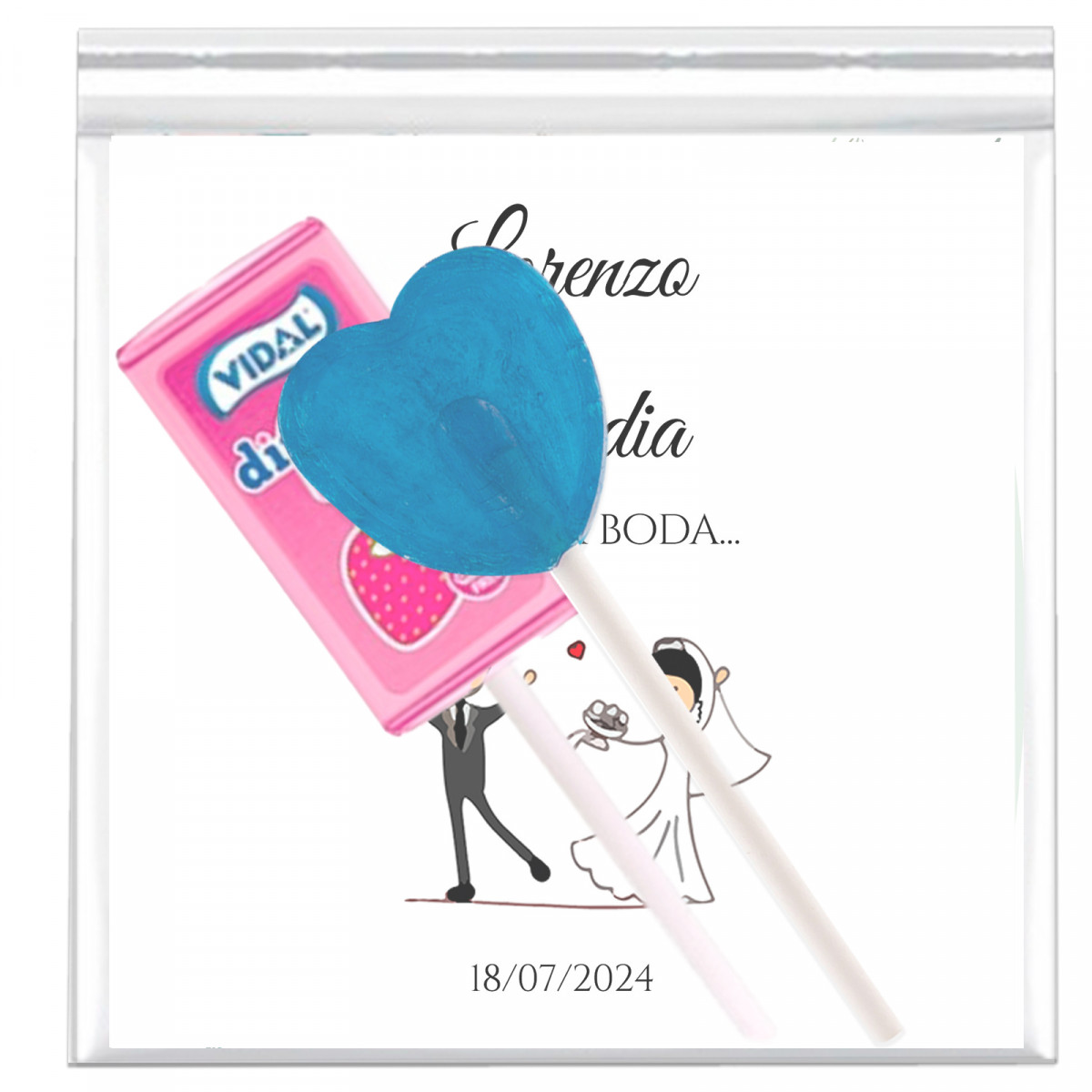 Pépite de langue et dipper à la fraise avec carte de rappel dans un sac transparent pour les détails des mariages