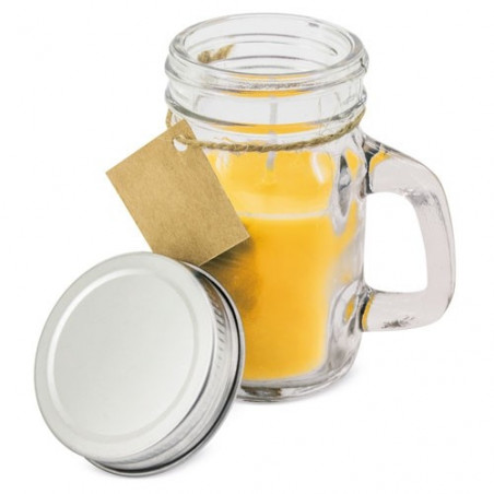 Bougie parfumée dans un pot en verre avec poignée et couvercle à visser, personnalisée avec adhésif pour les détails du baptême.