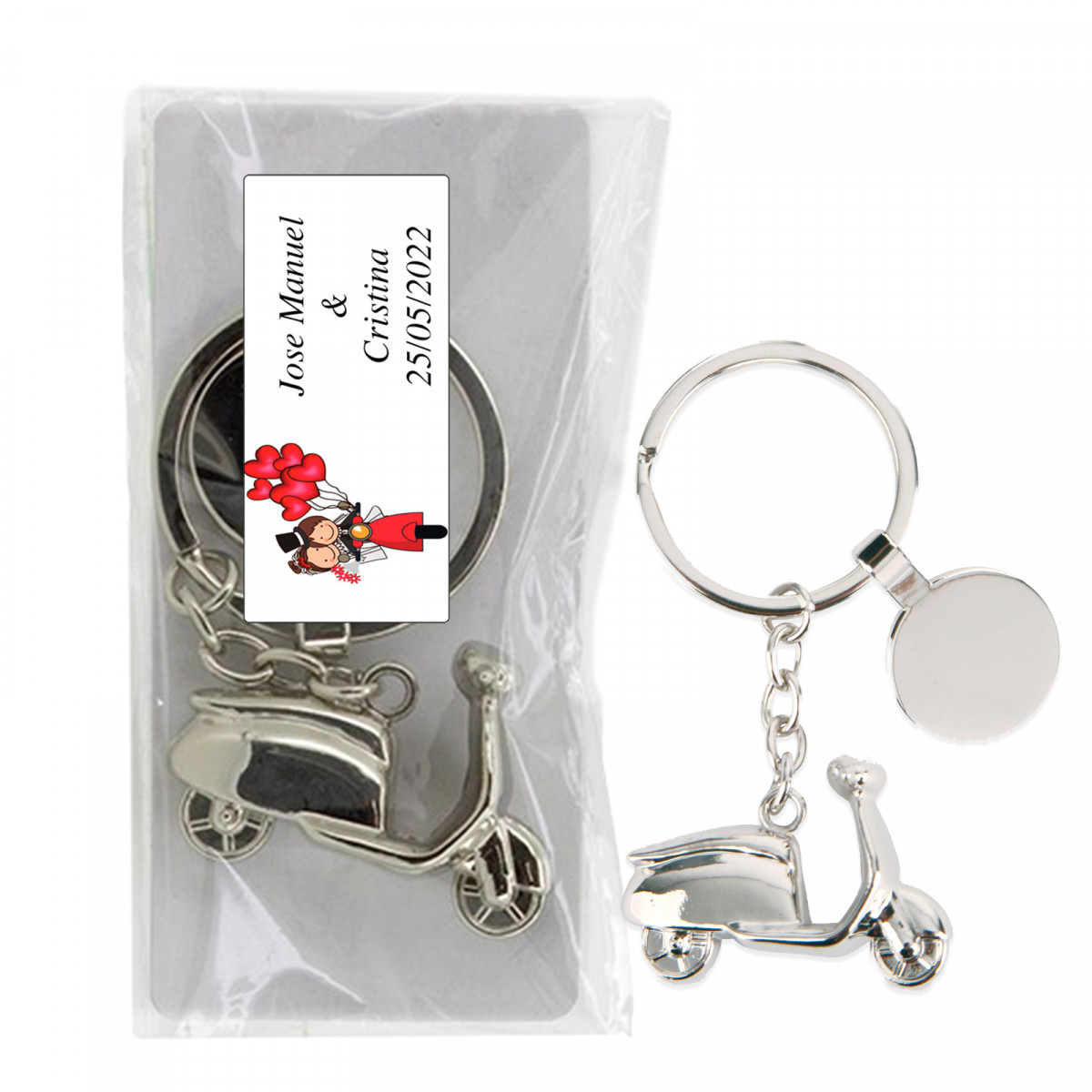 Porte-clés en métal avec scooter dans un sac transparent avec adhésif personnalisé pour les détails du mariage