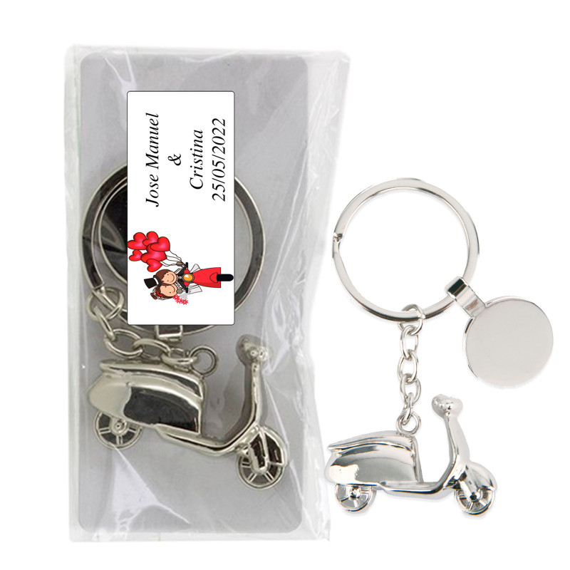 Porte-clés en métal avec scooter dans un sac transparent avec adhésif personnalisé pour les détails du mariage