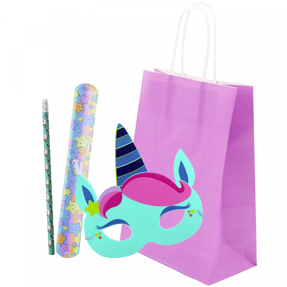 Masque d'enfant avec bracelet et crayon licorne dans un sac pour filles