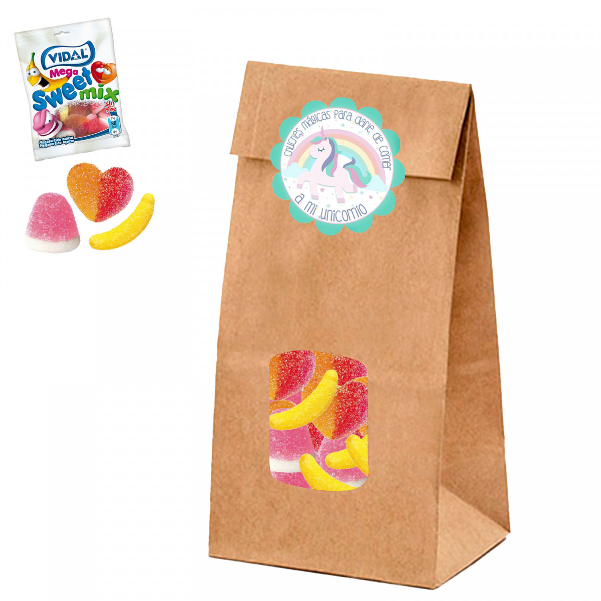 Chuches en sachet avec fenêtre transparente et autocollant licorne