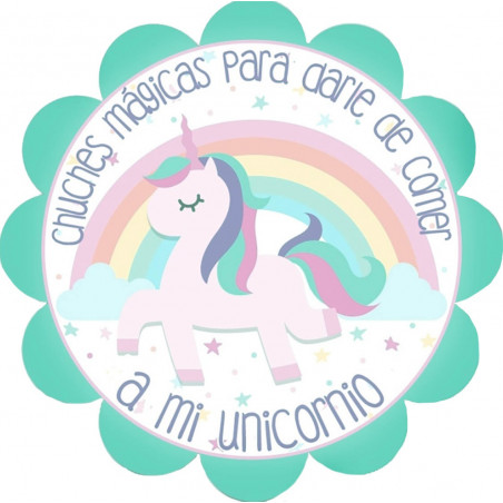 Chuches en sachet avec fenêtre transparente et autocollant licorne