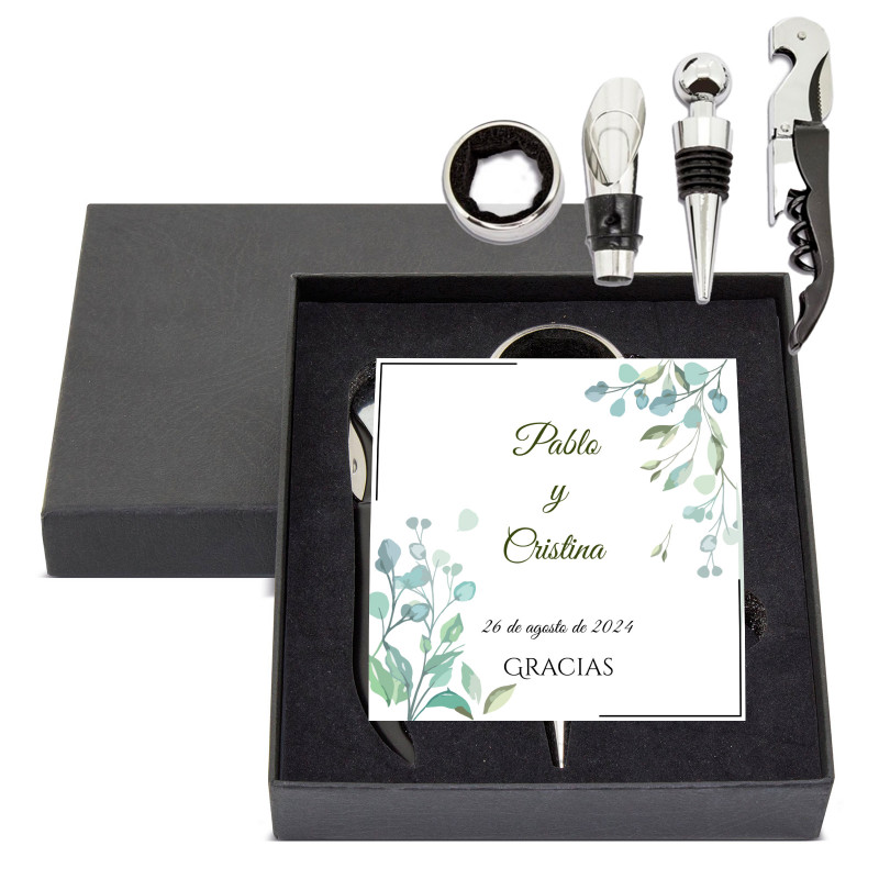 Étui avec set de vin et carte de rappel personnalisée pour les détails