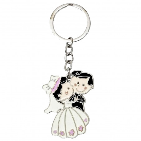Porte-clés en métal avec couple de mariés en tenue de mariage